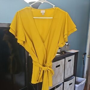 A New Day Yellow Flutter Sleeve Wrap Blouse